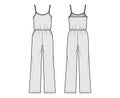 Camisole jumpsuit Dungaree overall technical fashion illustration with full length, normal elastic waist, oversized Royalty Free Stock Photo