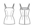 Camisole slip top technical fashion illustration with spaghetti straps, slim fit, elongated hem, back zip fastening