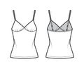 Camisole slip top technical fashion illustration with sweetheart neck, straps, slim fit, elongated hem Flat outwear tank