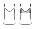 Camisole slip top technical fashion illustration with sweetheart neck, thin straps, relax fit, back zip fastening. Flat