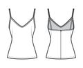 Camisole slip top technical fashion illustration with sweetheart neck, thin straps, slim fit, back zip fastening. Flat