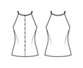 Camisole technical fashion illustration with relaxed fit, thin, racerback straps, row of buttons. Flat outwear tank