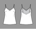 Camisole technical fashion illustration with V-neck, spaghetti straps, relaxed fit, tunic length. Flat outwear tank