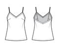 Camisole technical fashion illustration with V-neck, spaghetti straps, relaxed fit, tunic length. Flat outwear tank