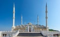 Camlica Mosque of Istanbul front view of main entrance porch and staircase, Turkey. Panorama, panoramic view of the square