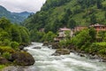 Camlihemsin center view with Firtina Stream in Rize, Turkey.