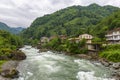 Camlihemsin center view with Firtina Stream in Rize, Turkey.