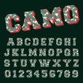 Camo alphabet font template. Letters and numbers army camouflage design