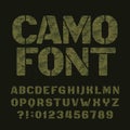 Camo alphabet font. Type letters and numbers on a dark background.