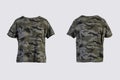 Camo female t-shirt Isolated on white background front and back rear view