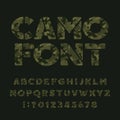 Camo stencil alphabet font. Military camouflage letters and numbers on a dark background.