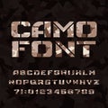 Camo stencil alphabet font. Type letters and numbers on a dark camouflage background.