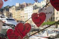 Camogli GE, Italy June, 21, 2020. Red hearts in the port of Camogli