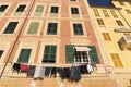 Camogli house clothes drying to the sun Royalty Free Stock Photo