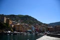 Cityscape and beach photos of the small fishing village and tourist resort Camogli, Italy Royalty Free Stock Photo