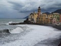 Camogli, Liguria, Italy picturesque fishermen village during sea storm swell Royalty Free Stock Photo