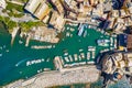 Camogli Marina aerial view. Boats and yachts moored in harbor with green water. A lot fo colorful buildings Royalty Free Stock Photo