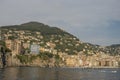 Camogli typical village with colorful houses and small harbor in Italy, Liguria in a sunny day view from the boat