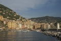 Camogli typical village with colorful houses and small harbor in Italy, Liguria in a sunny day view from the boat