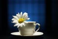 A camomile flower with water drops in a teacup on a blue background. Narrow zone of sharpness. Royalty Free Stock Photo