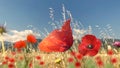 Red poppy flower in wild green field blue sky white clouds sun beam on horizon Olympus Mountain Greece nature background Royalty Free Stock Photo