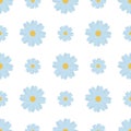 Camomiles. Delicate blue flowers. Repeating vector pattern. Isolated colorless background. Seamless summer ornament.