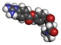 Camostat drug molecule. Serine protease inhibitor, investigated for treatment of Covid-19. 3D rendering. Atoms are represented as. Royalty Free Stock Photo