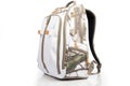 camouflage backpack with multiple zippers, side view, white scene