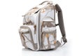 camouflage backpack with multiple zippers, side view, white scene