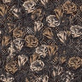 Camouflage brown pattern with lush blooming roses