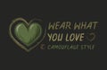 Camouflage khaki green label with hearts, text