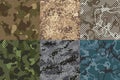 Camouflage khaki texture. Army fabric seamless forest and sand camo netting pattern vector textures set Royalty Free Stock Photo