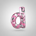 Camouflage letter D lowercase with pink, grey, black and white camouflage pattern isolated on white background. Royalty Free Stock Photo