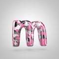 Camouflage letter M lowercase with pink, grey, black and white camouflage pattern isolated on white background. Royalty Free Stock Photo