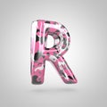 Camouflage letter R uppercase with pink, grey, black and white camouflage pattern isolated on white background. Royalty Free Stock Photo