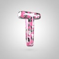 Camouflage letter T uppercase with pink, grey, black and white camouflage pattern isolated on white background. Royalty Free Stock Photo