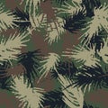 Camouflage needles plants, seamless pattern. Grunge branches and herbs green hand drawn camo background. Vector Royalty Free Stock Photo