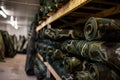 camouflage netting rolls in storage area