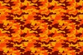 Camouflage pattern background. Classic clothing style masking camo repeat print. Fire orange brown yellow colors forest texture. D Royalty Free Stock Photo