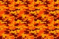 Camouflage pattern background. Classic clothing style masking camo repeat print. Fire orange brown yellow colors forest texture. D Royalty Free Stock Photo