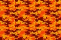 Camouflage pattern background. Classic clothing style masking camo repeat print. Fire orange brown yellow colors forest texture. D Royalty Free Stock Photo