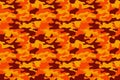 Camouflage pattern background. Classic clothing style masking camo repeat print. Fire orange brown yellow colors forest texture. D Royalty Free Stock Photo