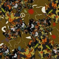 Camouflage print with insects. Background illustration of butterflies, grasshoppers, ladybugs