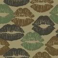 Camouflage seamless pattern with female different colors lipstick kiss.