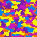 Camouflage seamless pattern in a violet, orange, blue, yellow and deep blue colors. Royalty Free Stock Photo