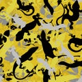 Camouflage seamless texture with yellow, gray and black lizards and leaves