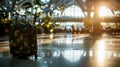 Camouflage suitcase on the blurred background of the train station. Waiting room. Luggage and travel bag on blur airport Royalty Free Stock Photo