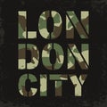 Camouflage typography for t-shirt print. London, varsity, athletic t-shirt graphics