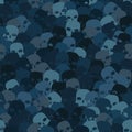 Camouflage water blue scull silhouettes seamless pattern background