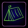 camp tent pictogram purple and green neon violet frame graphic